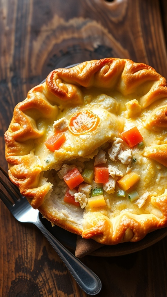 One-Crust Chicken Pot Pie Recipe A freshly baked chicken pot pie with a flaky crust and creamy filling, on a wooden table.